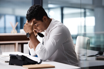 Poster - Phone call stress, talking and a businessman in an office for communication and contact problem. Burnout, networking and a corporate employee in a conversation with a headache and business mistake