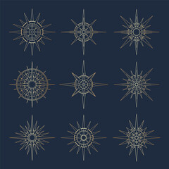 Wall Mural - Hand drawn set of Sun and stars. Magic bohemian symbol bursting sun rays. Mystical celestial circle talisman, antique style, boho, tattoo, logo. Vector sketch illustration isolated on blue background