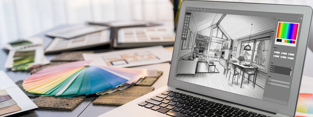Interior designer workspace table and architecture software on laptop screen with mood board materials and colorful swatch color for color selection. Modern interior design office. Insight