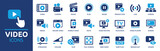 Fototapeta  - Video icon set. Containing camera, play, pause, media, online video, live, production, player, movie and cinema icons. Solid icon collection.