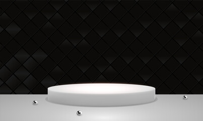 Poster - White podium in black ceramic tile wall background with 3d spheres. Scene to show cosmetic product, Showcase, shopfront, display case. 3D backdrop of gallery with copy space for advertising. Vector