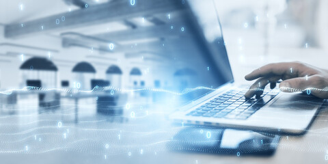 Poster - Wide image of male hand using laptop on abstract blurry office background with binary coding and digital wave. Big data and technology concept. Double exposure.