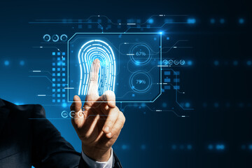 Aufkleber - Security and control, biometric identity and validation concept with man hand on virtual touch screen with digital fingerprint and private information background