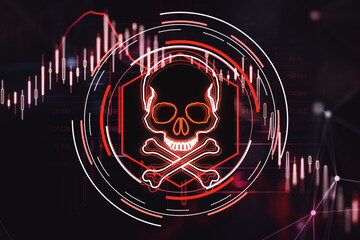Poster - Global financial crisis creative illustration with falling down financial chart and red skull symbol digital hologram, hacking and online piracy concept. 3D Rendering