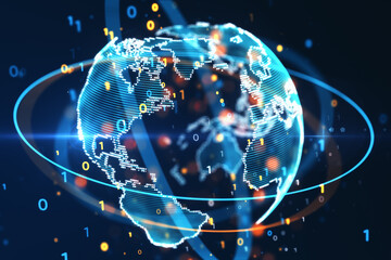 Poster - Global digitalization concept with bright glowing planet globe with world map and binary code numbers in virtual ring on dark background. 3D rendering