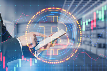 Poster - Close up of businessman hand using mobile phone with glowing round bitcoin sign and forex chart hologram on blurry office interior background. Cryptocurrency and blockchain concept. Double exposure.