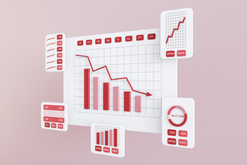 Poster - Perspective view on project statistics, financial data, falling sales charts, report preparation and data synchronization white card windows with red graphs on pink wall background. 3D rendering