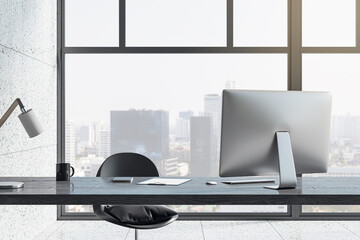 Poster - Modern office interior with equipment, furniture and panoramic window with city view. 3D Rendering.