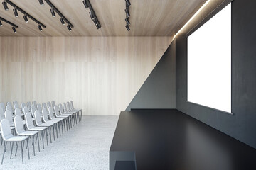 Perspective view on poster with place for logo brand or advertising text on dark wall in chamber hall with light chairs on concrete floor, dark scene and wooden wall background. 3D rendering, mockup