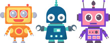 Set Of Robots, Androids In Doodle Style On A White Background