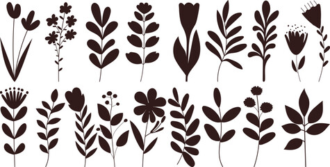 Wall Mural - set of cute flowers plants silhouette on white background, vector