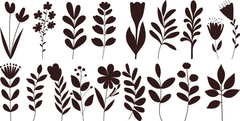 Sticker - set of cute flowers plants silhouette on white background, vector