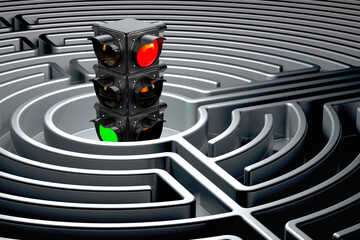 Poster - traffic light inside dark labyrinth, 3d rendering