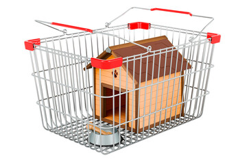 Poster - Wooden doghouse with bowl and bone inside shopping basket, 3D rendering