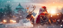 Merry Christmas Holiday Vacation Winter Background Greeting Card -  Santa Claus Sitting On Christmas Sleigh, With Reindeer, Snowflakes And Sun Bokeh Light (Generative Ai)