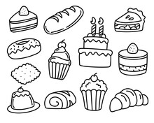 Set Of Cake Doodle Illustrations Isolated On White Background. Hand-drawn Cakes Vector Illustrations