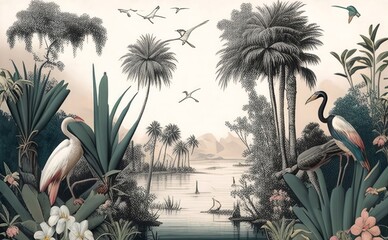  wallpaper vintage oasis style with birds, egrets, palms and flowers with sky background, Generative ai