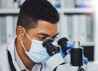 Aufkleber - Science, laboratory and man with microscope for research, medical analysis and virus lab test. Healthcare, biotechnology and male scientists with equipment for sample, experiment and chemistry exam