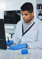 Aufkleber - Scientist man, writing and lab computer for medical notes, pharmaceutical report and research with data analysis. Young science expert, pc and paperwork for test, check and innovation in laboratory