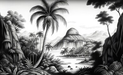 wallpaper tropical jungle with valleys, mountains, trees and palms in a landscape vintage black and white, Generative ai