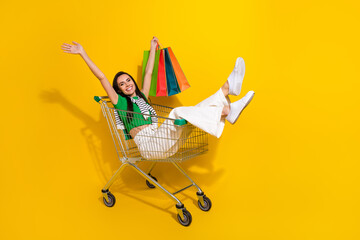 Sticker - Full length photo of excited funky girl dressed green t-shirt rising bargains riding supermarket tray isolated yellow color background