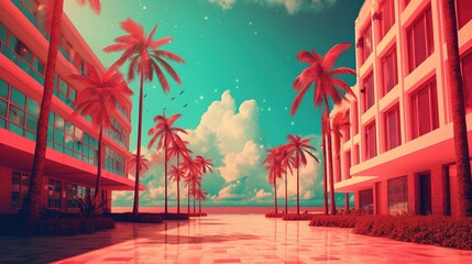 Generative AI, Miami Summer Vibes retro illustration. Vintage pink and blue colors, buildings, California palms, 80s style