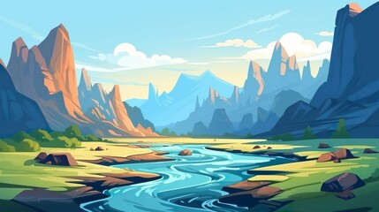 Wall Mural - Background river winding through hills. Detailed illustration of a river gracefully flowing through a scenic landscape in  format. Generative AI.