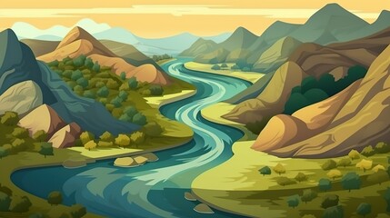 Wall Mural - Background river winding through hills. An artistic depiction of a river meandering through rolling hills in  format, ideal for adding a natural touch to designs. Generative AI.