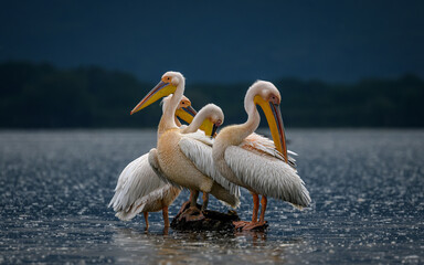 Wall Mural - Great white pelicans on rock