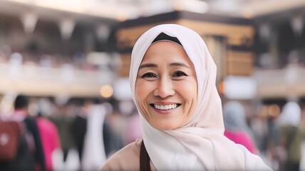 Wall Mural - Muslim woman smiling to the camera with view of the kaaba in Mecca and bustling Muslim people, Generative AI