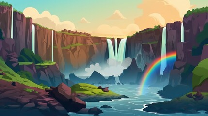 Wall Mural - background waterfall panoramic with rainbow. detailed illustration in format capturing the beauty of
