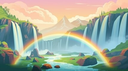Wall Mural - Background waterfall panoramic with rainbow. Abstract background with banner design displaying a breathtaking  illustration of a panoramic waterfall with a rainbow. Generative AI.