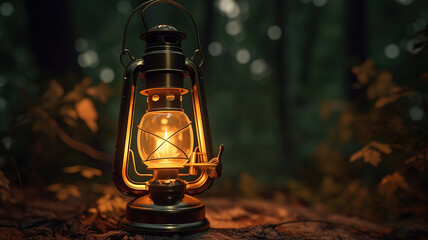 Vintage gasoline oil lantern lamp burning with a soft glow light in an dark forest. Generative Ai