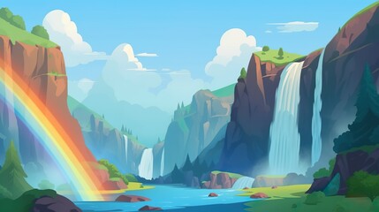 Wall Mural - background waterfall panoramic with rainbow. mesmerizing abstract banner design featuring a stunning