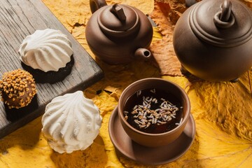 Wall Mural - Tea time is a healthy drink. Still life- cup and sweets for food