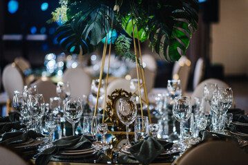 banquet decoration composition flower greenery in hall. luxury wedding reception. table setting, set