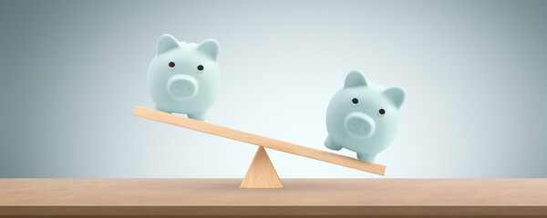 Wall Mural - Piggy bank on balance scale  Gender pay equality conceptt