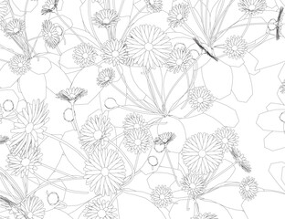 Poster - Set of differents flower linen on white background. Grass with herbs and wild flowers. Vector isolated contour of floral meadow. Black outline of grass, flowers and herbs isolated on white background.