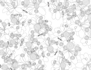 Poster - Set of differents flower linen on white background. Grass with herbs and wild flowers. Vector isolated contour of floral meadow. Black outline of grass, flowers and herbs isolated on white background.