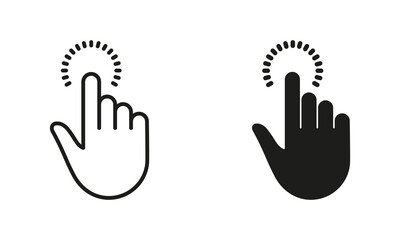 Poster - Cursor Hand of Computer Mouse Line and Silhouette Black Icon Set. Pointer Finger Pictogram. Tap, Touch, Point, Click, Press, Swipe Gesture Sign Collection. Isolated Vector Illustration