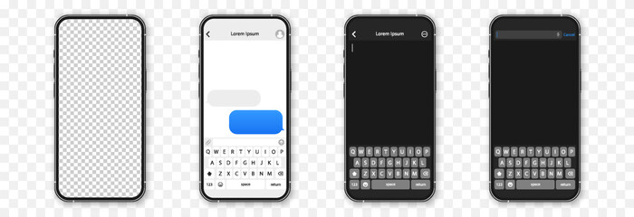 Phone vector mockup. Phone mockup png. Message template, correspondence. Browser and app template for typing. Application interface.