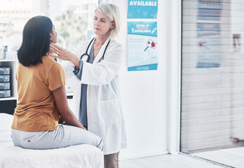 Poster - Consulting, thyroid and woman with doctor in hospital for sick, cancer or medical test. Healthcare, medicine and virus with physician and checking throat of patient in clinic for emergency and injury