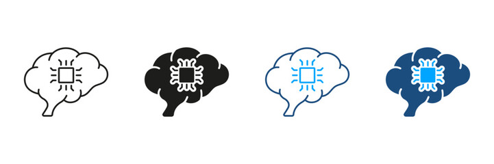 Poster - Modern Technology, Human Brain and Network Chip Silhouette and Line Icons Set. AI, Innovation Neuroscience, Artificial Intelligence Black and Color Symbol Collection. Isolated Vector Illustration