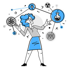 Wall Mural - Scientist discovering science theory and making experiments vector outline illustration, science research or invention, physics and chemistry.