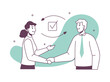 © Sensvector - Customer service call center worker exchange tasks, done task marks. Vector illustration of woman and man shaking hands, team support member, helpline assistant representatives