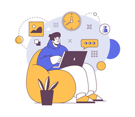 Aufkleber - Man in armchair working on laptop, freelancer. Freelance employer work online, worker on quarantine, online job on computer. Vector illustration of programmer, relaxed person on workplace