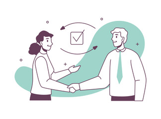 Poster - Customer service call center worker exchange tasks, done task marks. Vector illustration of woman and man shaking hands, team support member, helpline assistant representatives