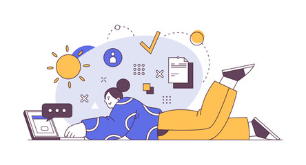 Aufkleber - Woman lying and working on laptop, online job. Freelancer works on computer, worker on quarantine, vector illustration of programming employer, professional programmer
