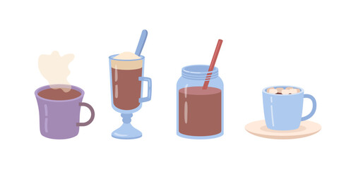 Hot chocolate cocktail in glass on white. Cartoon hot drinks vector illustration set, delicious cocoa chocolate milk, cup of coffee and nutrition cacao jar with straw, refreshing beverages