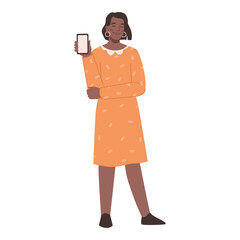Aufkleber - Girl with smartphone in hands, flat cartoon character. Woman show empty smartphone screen. Happy young entrepreneur showing phone, empty screen advertisement